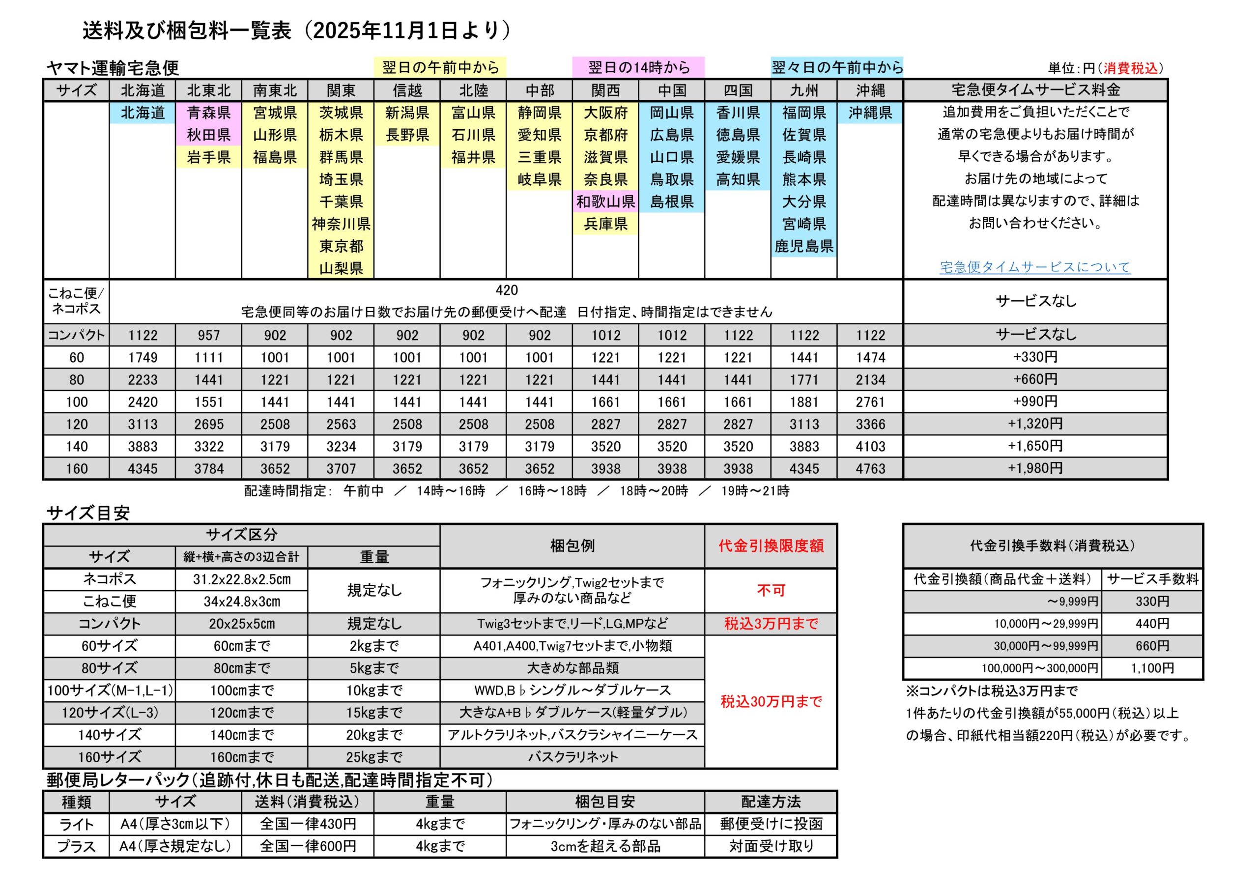 送料及び梱包料 価格改定のお知らせ：2025年11月1日より】